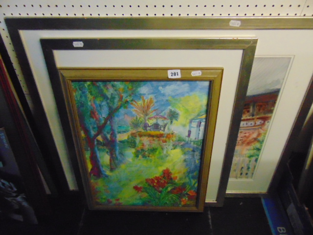 Three paintings by artist Ros Morley- local artist; Mix media's, middles eastern scenes, - Image 2 of 2