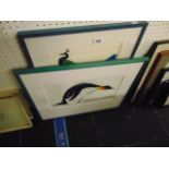 Two signed prints, Peacock and Penguin one framed other a.