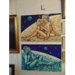 Two oils on canvases by Brunax, abstract scenes, Jupiter and Neptune, signed by artist, 1991,