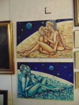 Two oils on canvases by Brunax, abstract scenes, Jupiter and Neptune, signed by artist, 1991,