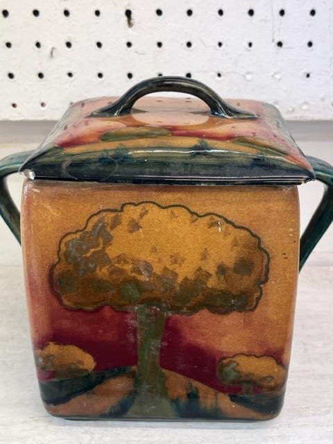 A Moorcroft Eventide biscuit box with cover, circa 1925, 17cm H 18cm W with handles, - Image 3 of 9