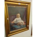 Gilt framed oil portrait of a baby, frame damage and canvas a.
