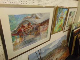 Three paintings by artist Ros Morley- local artist; Mix media's, middles eastern scenes,