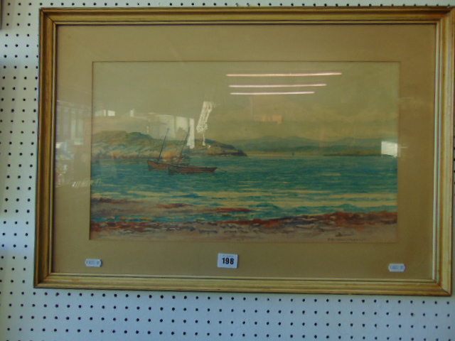 A framed watercolour coastal scene, signed, P.