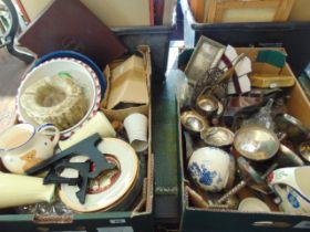 Two boxes of assorted odds, silver plate etc.