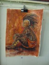 An oil/ mix media on paper, Makishi dancer- Nalindele, portrait, signed by Gabriel Ellison,