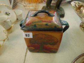 A Moorcroft Eventide biscuit box with cover, circa 1925, 17cm H 18cm W with handles,