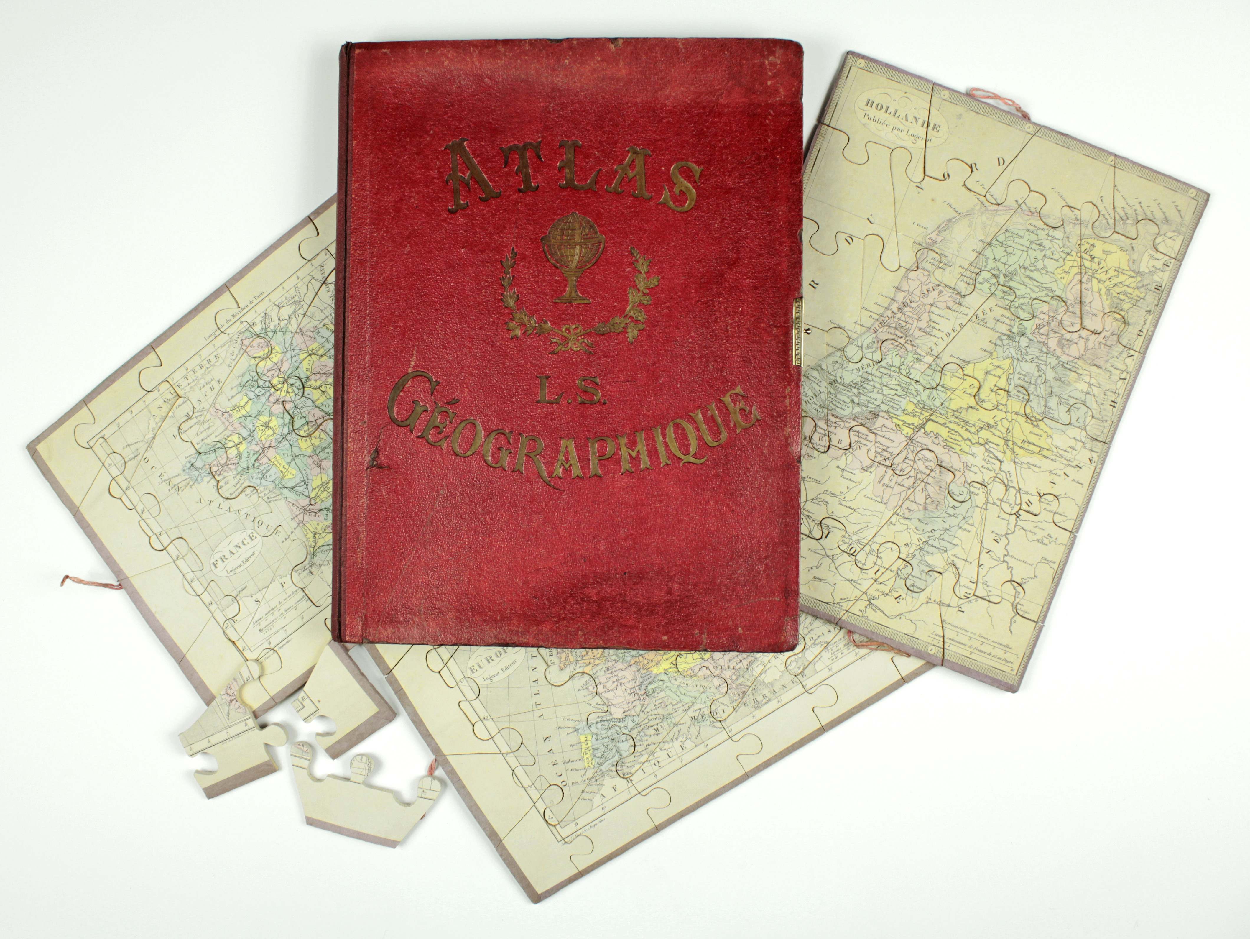 Geographie-Puzzle. Frankreich, um 1860, Atlas Géographique, drei Karten von Europa, Frankreich und