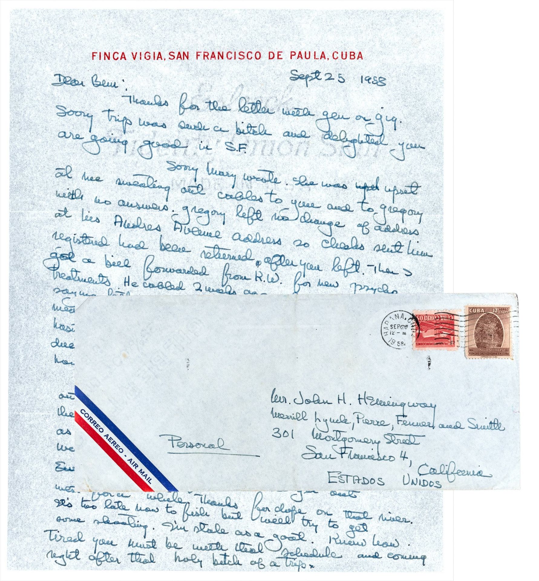 Hemingway, Ernest. Eigenhändiger Brief