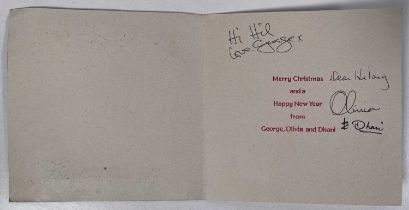 THE BEATLES - CHRISTMAS CARD SIGNED BY GEORGE HARRISON, OLIVIA AND DHANI HARRISON.