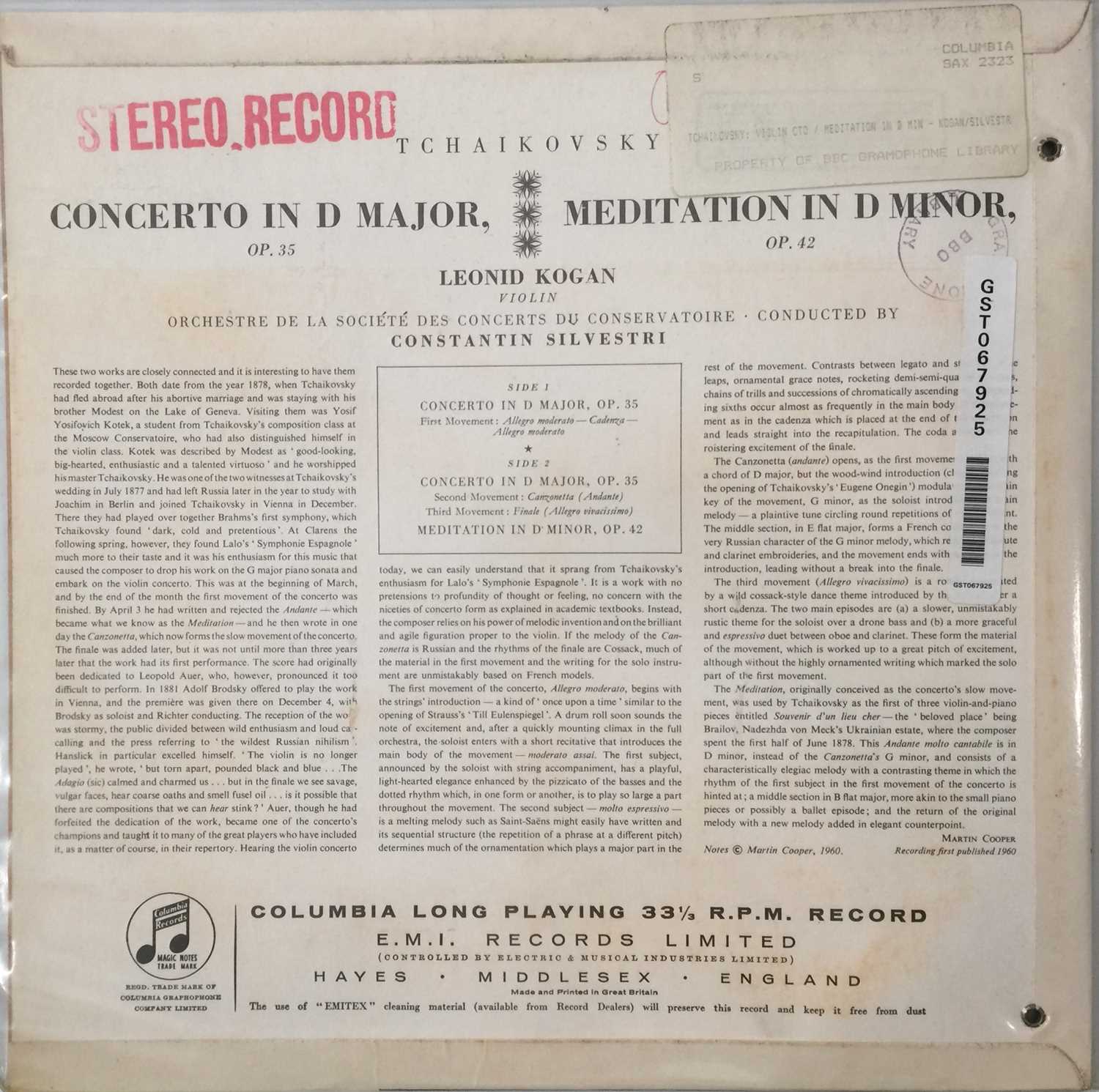 LEONID KOGAN - TCHAIKOVSKY: CONCERTO IN D MAJOR / MEDITATION IN D MINOR LP (SECOND UK SECOND PRESSIN - Image 3 of 5