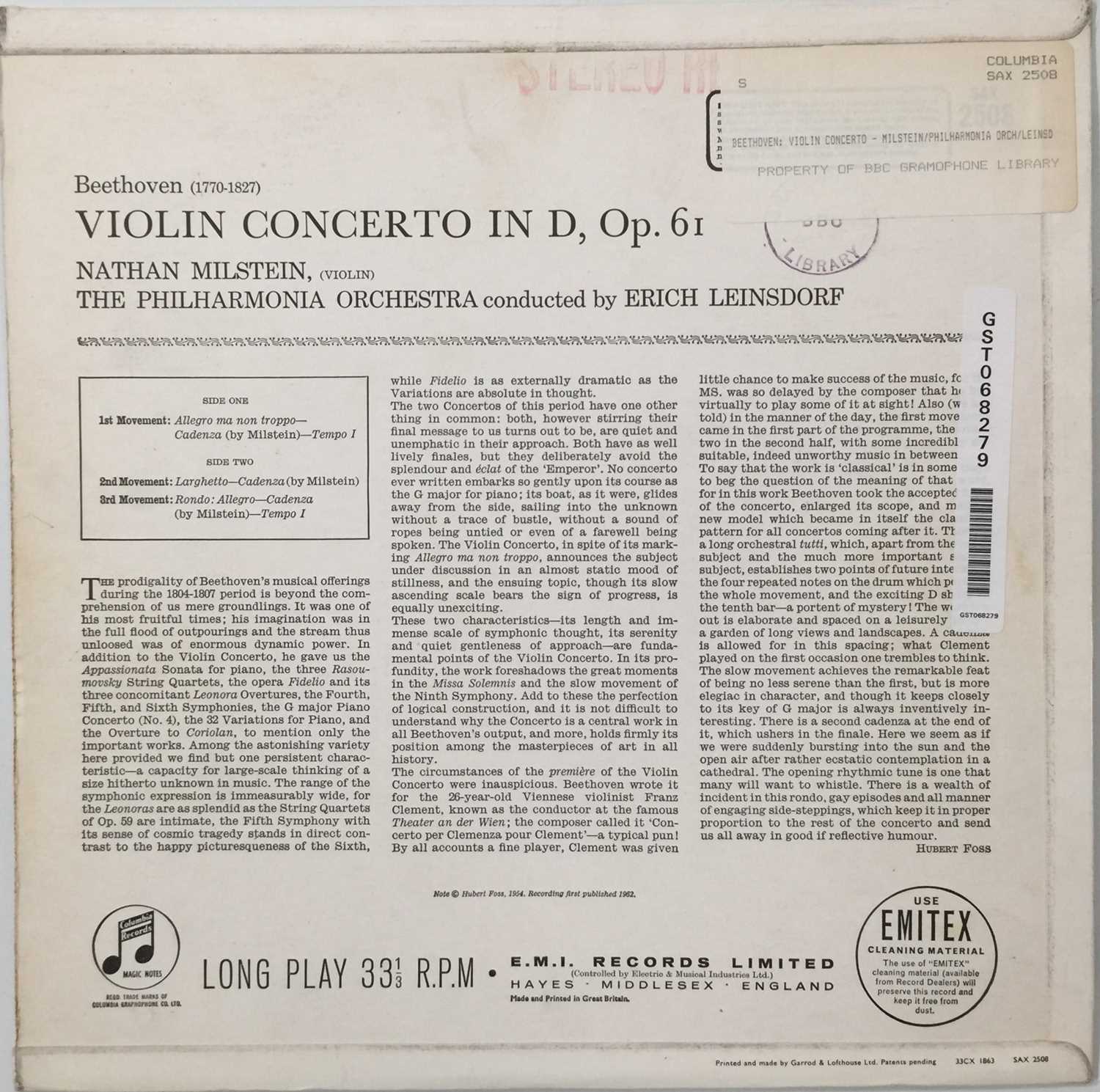 NATHAN MILSTEIN - BEETHOVEN VIOLIN CONCERTO LP (SECOND UK STEREO PRESSING - COLUMBIA SAX 2508) - Image 3 of 5