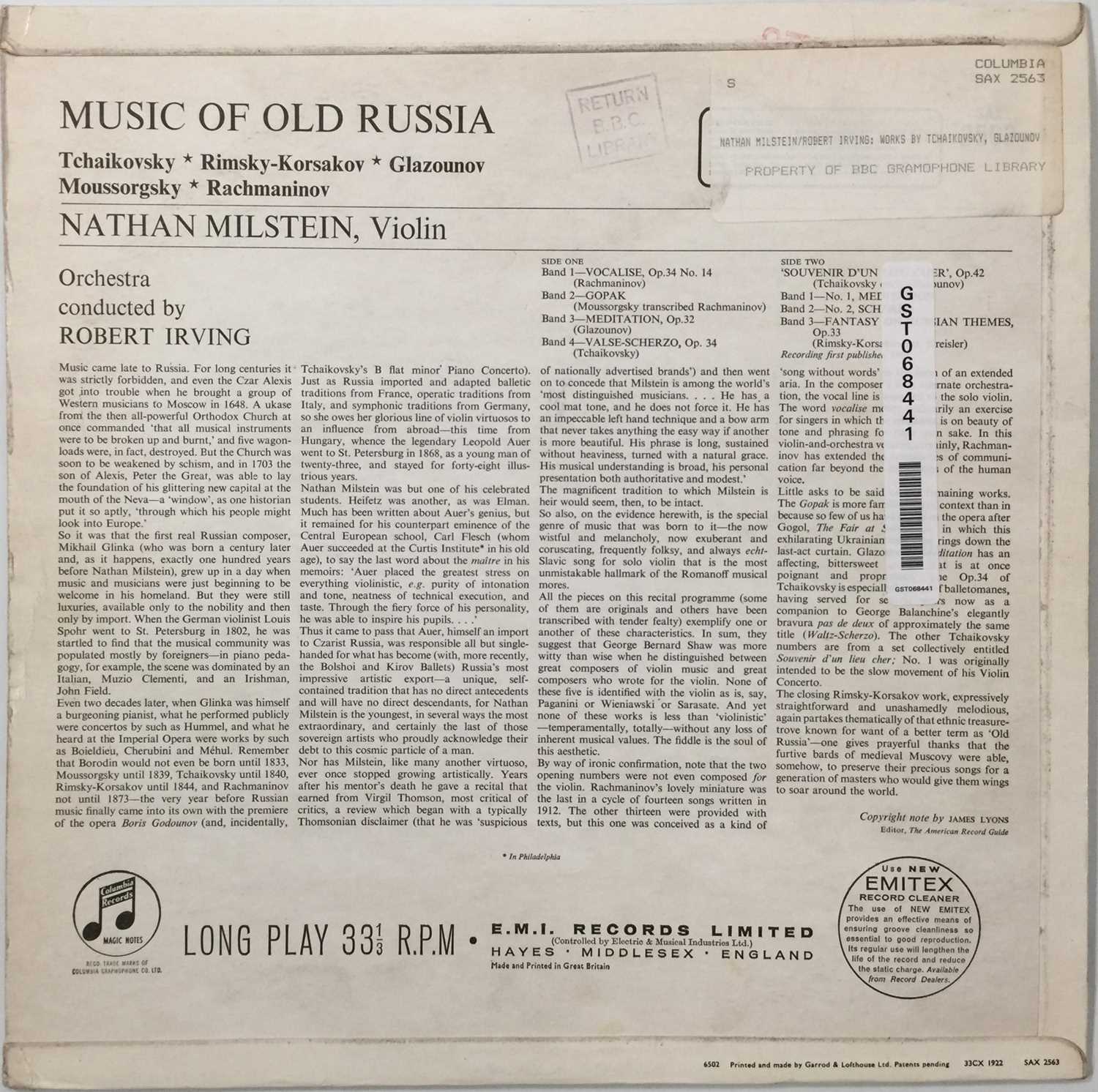 NATHAN MILSTEIN - MUSIC OF OLD RUSSIA LP (ORIGINAL UK STEREO RECORDING - COLUMBIA SAX 2563) - Image 3 of 5