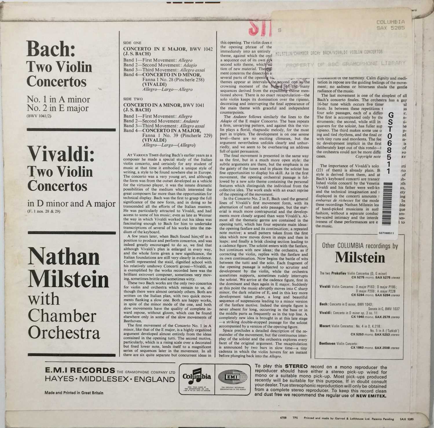 NATHAN MILSTEIN - BACH TWO VIOLIN CONCERTOS LP (ORIGINAL UK STEREO RECORDING - COLUMBIA SAX 5285) - Image 3 of 5