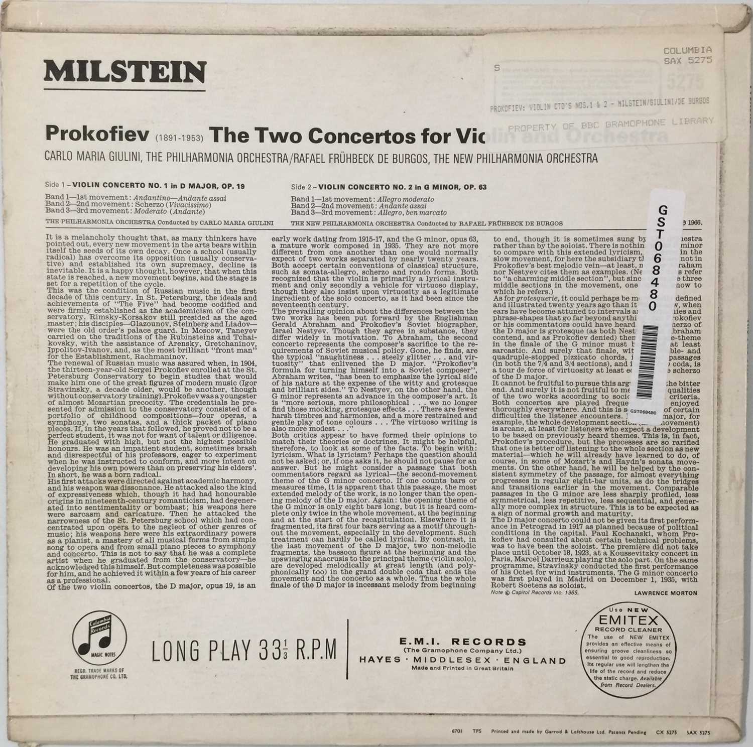 MILSTEIN/GIULINI/DE BURGOS - PROKOFIEV: THE TWO CONCERTOS FOR VIOLIN & ORCHESTRA LP (SAX 5275) - Image 4 of 5