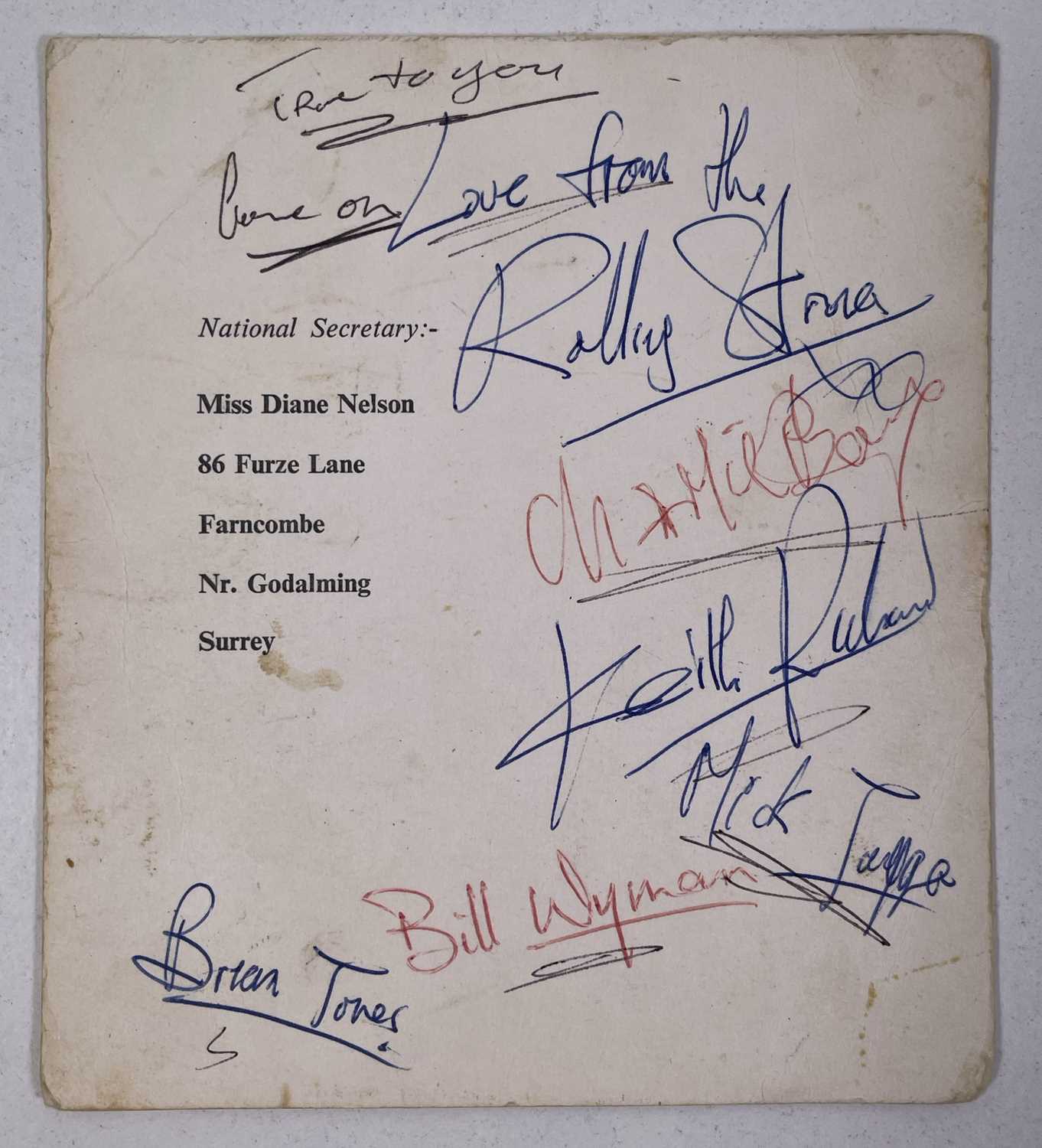THE ROLLING STONES - FULLY SIGNED EARLY FAN CLUB CARD.