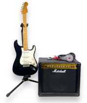 MEXICAN FENDER STRATOCASTER - BLACK & MARSHALL AMP.