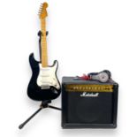 MEXICAN FENDER STRATOCASTER - BLACK & MARSHALL AMP.