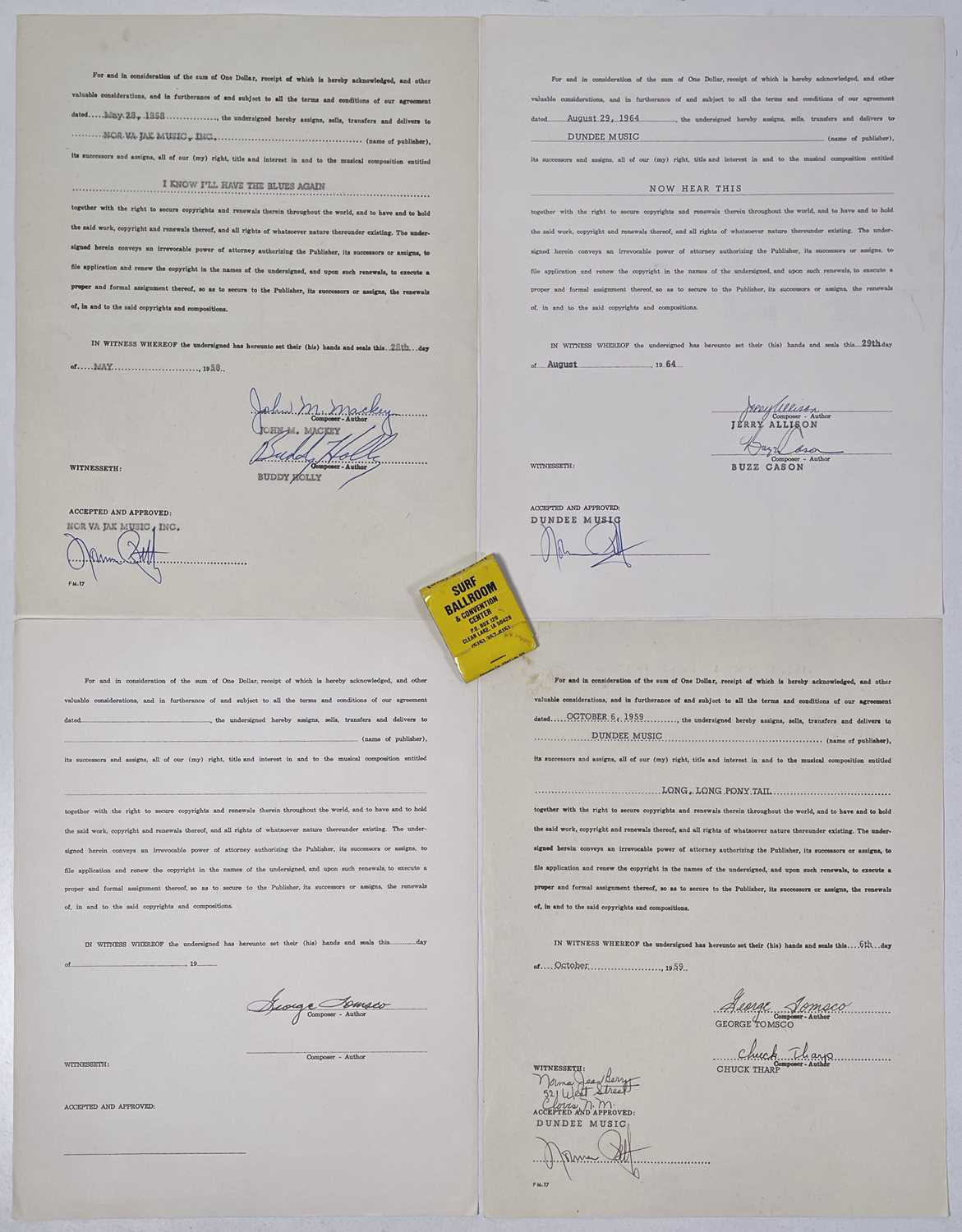 BUDDY HOLLY - SIGNED CONTRACT PAGE / JERRY ALLISON SIGNED CONTRACT/PUBLISHING DEAL.