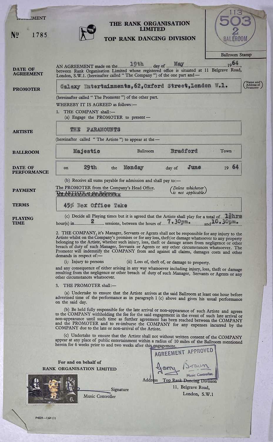 PROCOL HARUM INTEREST - THE PARAMOUNTS - 1964 BOOKING CONTRACTS. - Image 2 of 4