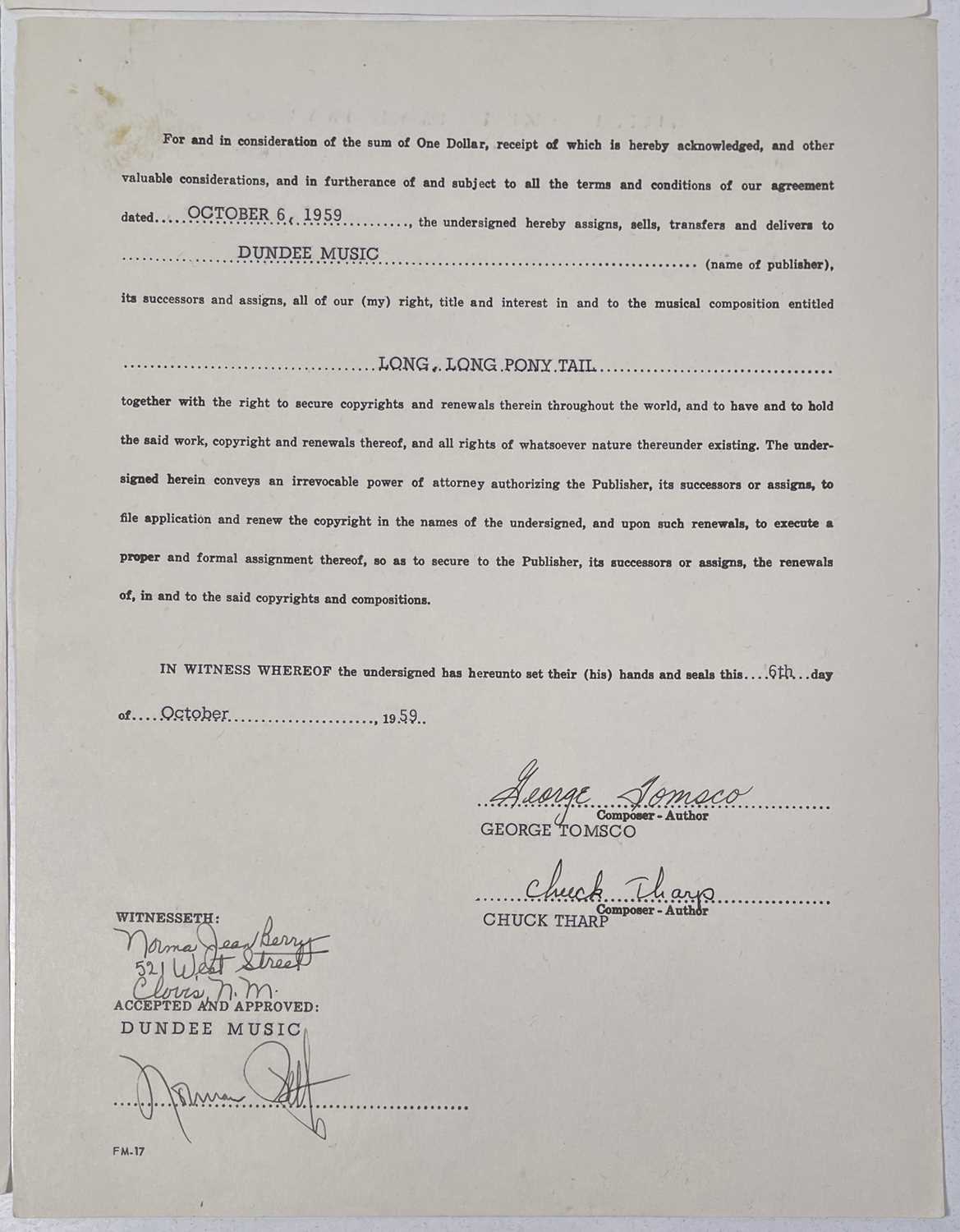 BUDDY HOLLY - SIGNED CONTRACT PAGE / JERRY ALLISON SIGNED CONTRACT/PUBLISHING DEAL. - Image 7 of 7