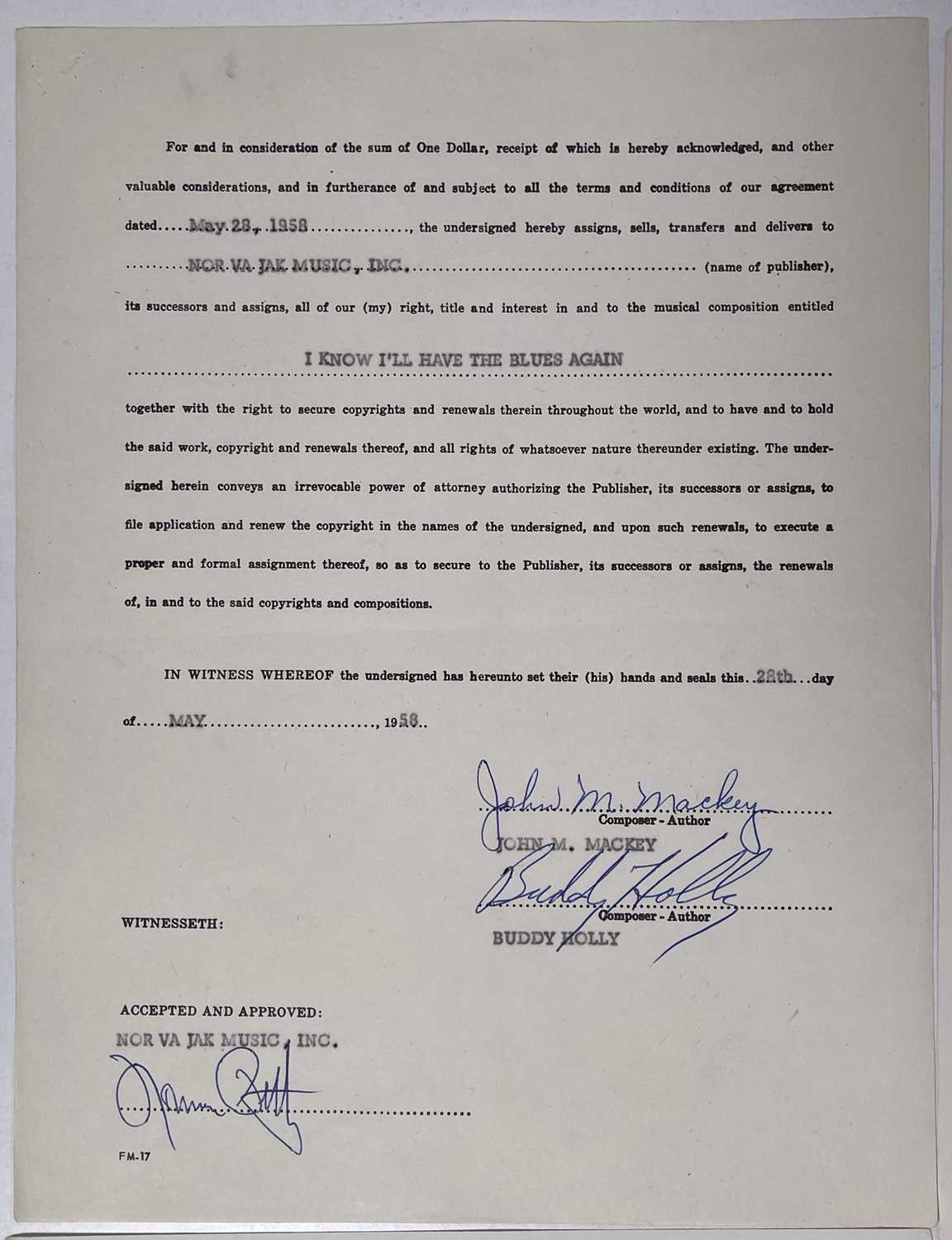 BUDDY HOLLY - SIGNED CONTRACT PAGE / JERRY ALLISON SIGNED CONTRACT/PUBLISHING DEAL. - Image 4 of 7