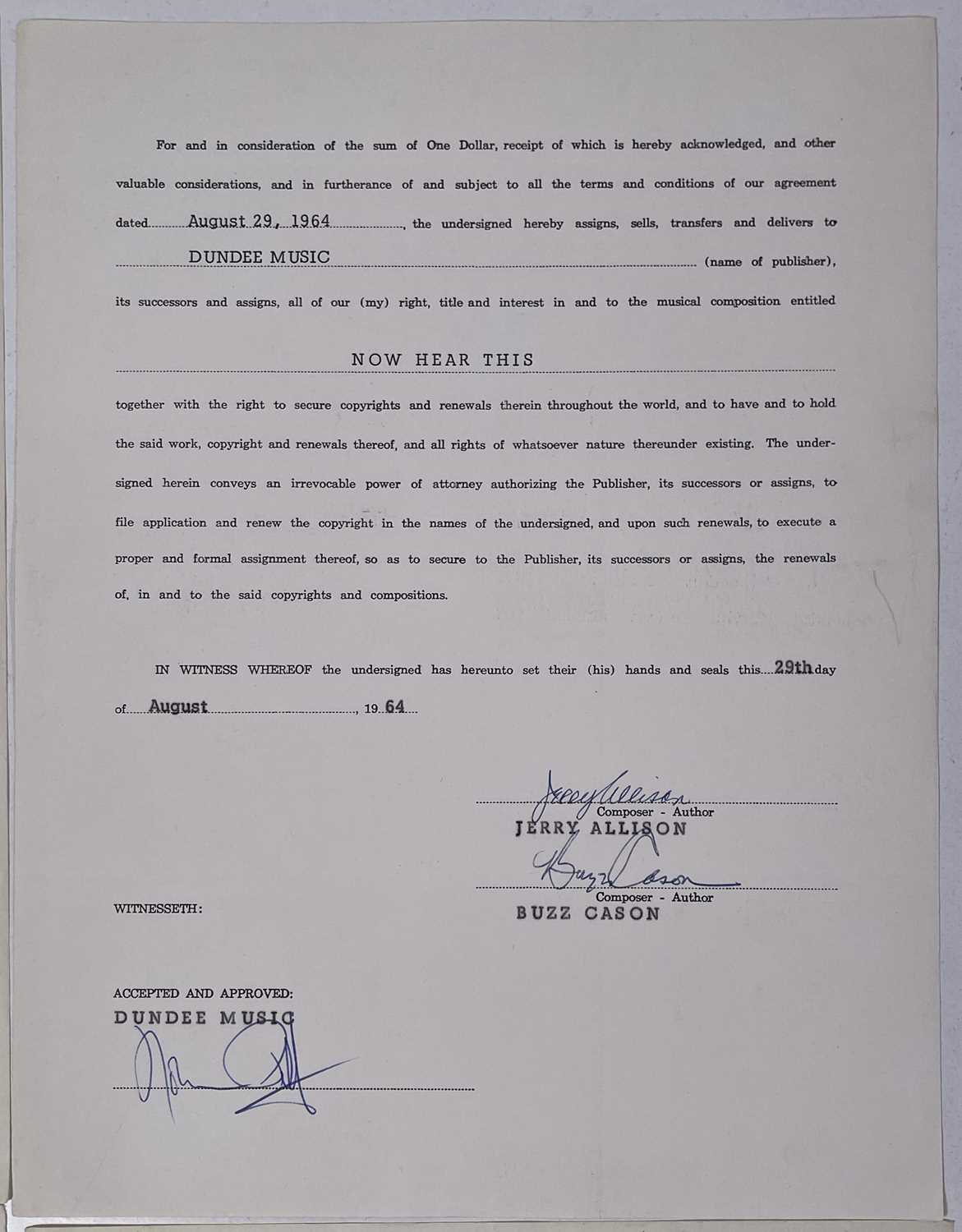 BUDDY HOLLY - SIGNED CONTRACT PAGE / JERRY ALLISON SIGNED CONTRACT/PUBLISHING DEAL. - Image 5 of 7