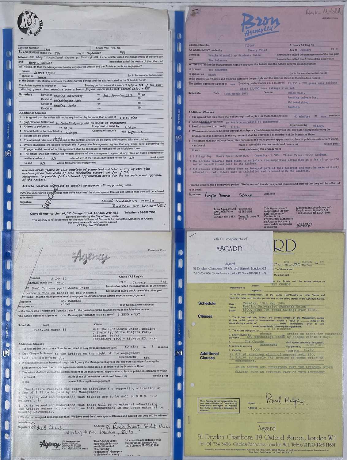 1980S CONTRACTS/BOOKING AGREEMENT ARCHIVE - TWO TONE ARTISTS / MOD / SKA.