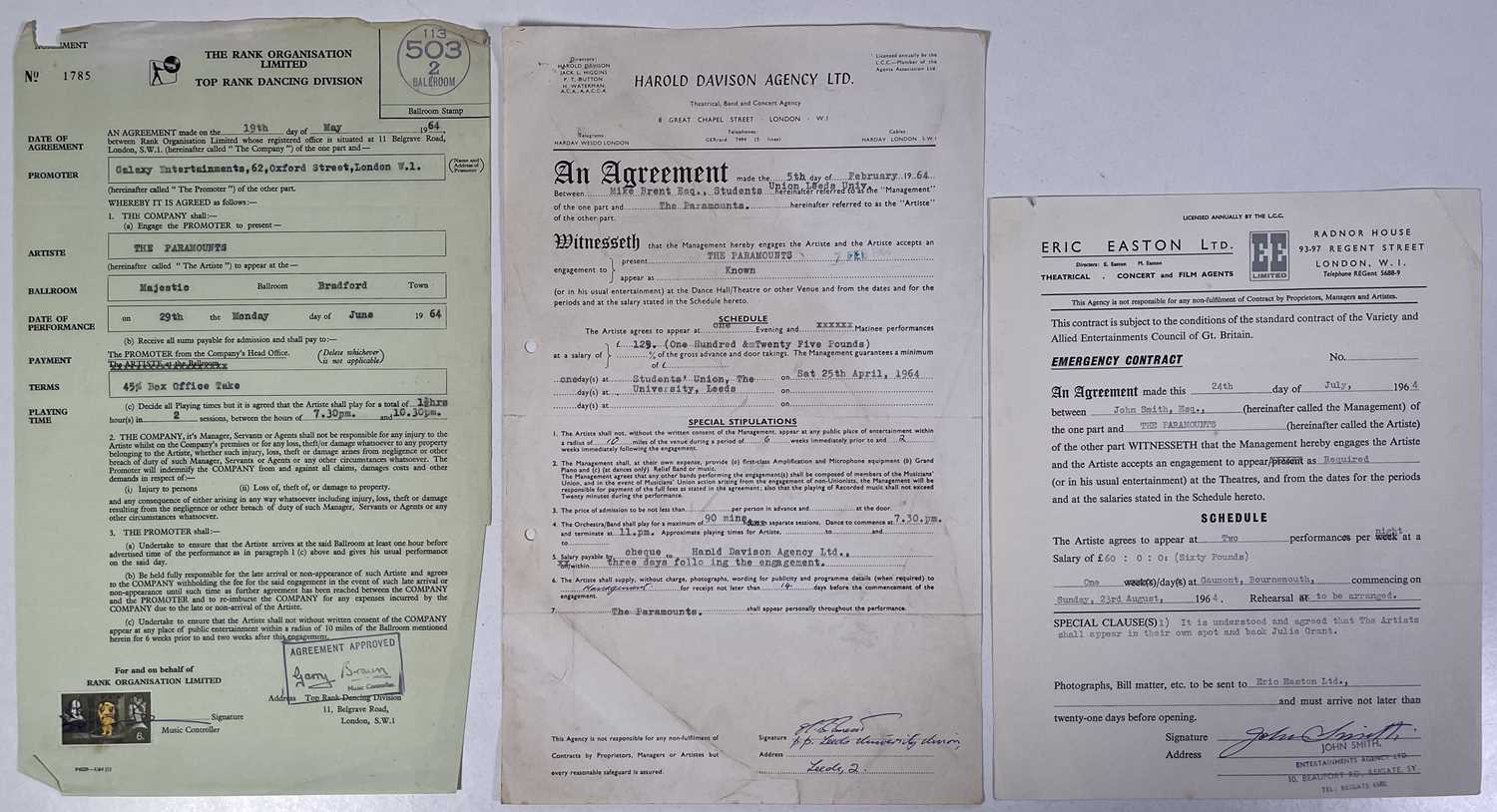 PROCOL HARUM INTEREST - THE PARAMOUNTS - 1964 BOOKING CONTRACTS.