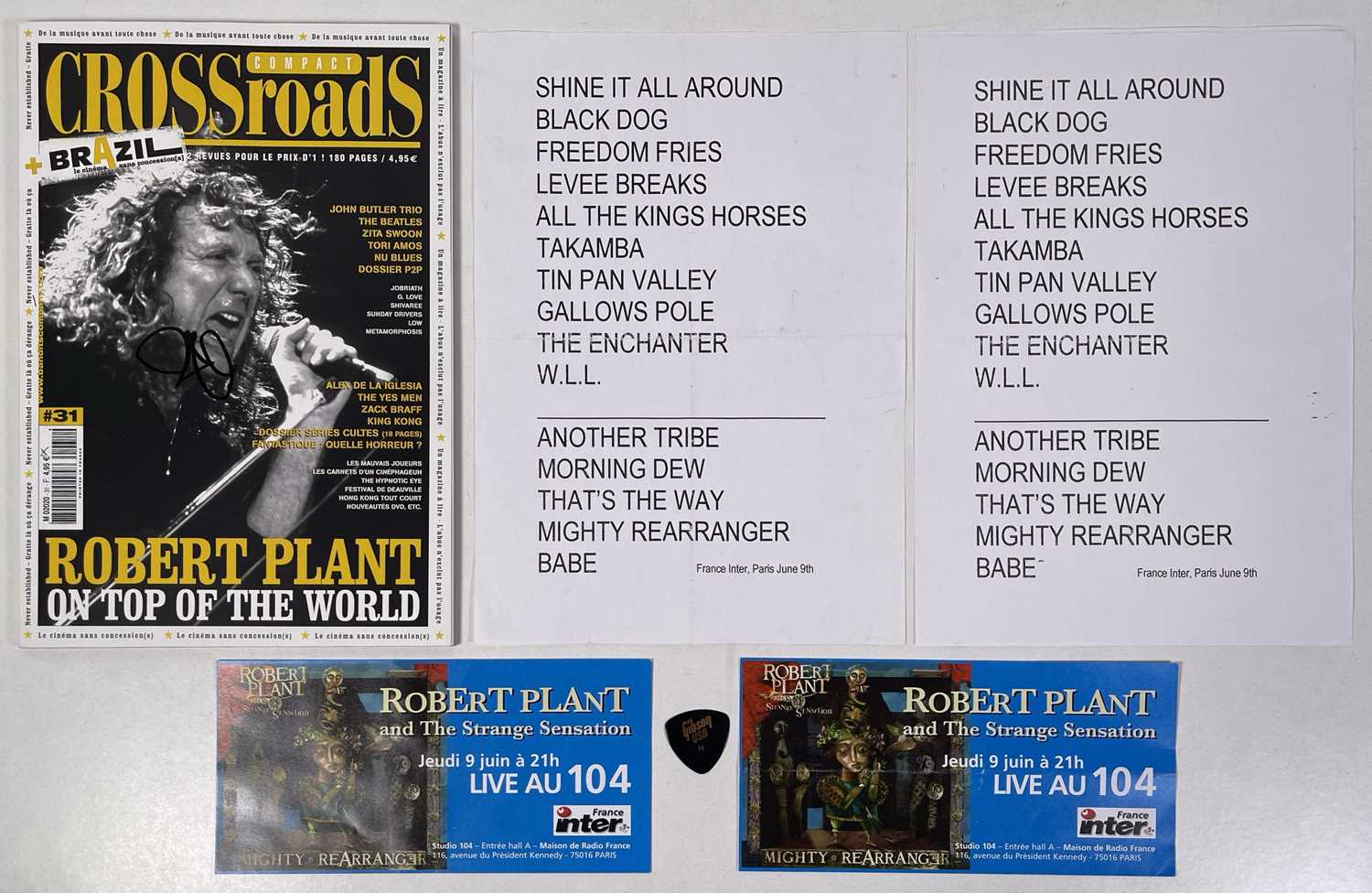 LED ZEPPELIN INTEREST – A ROBERT PLANT SIGNED MAGAZINE, A SET LIST, A PLECTRUM.