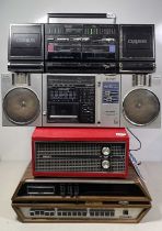 VINTAGE RADIO/CASSETTE PLAYERS AND PORTABLE RECORD PLAYER.