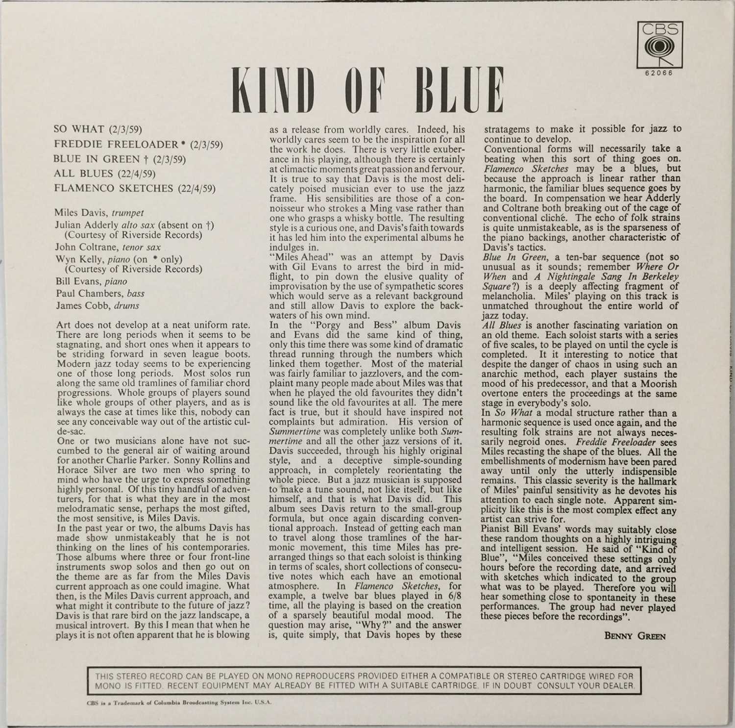 MILES DAVIS - KIND OF BLUE LP (CBS BPG 62066 - NIMBUS PRESSING) - Image 3 of 5