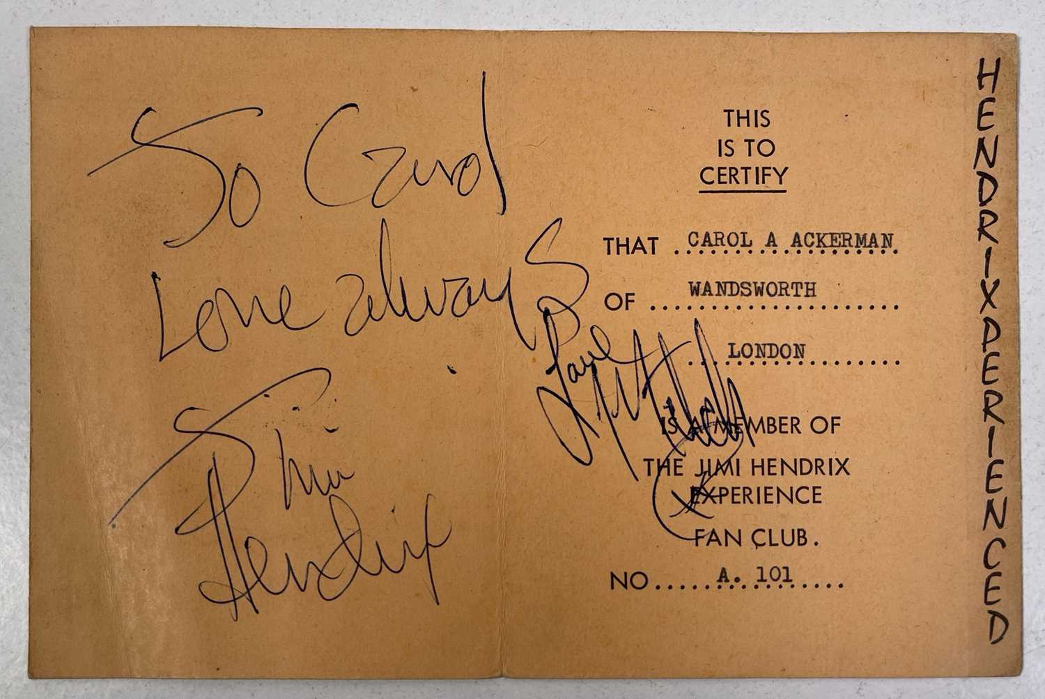 JIMI HENDRIX AND MITCH MITCHELL - SIGNED FAN CLUB MEMBERSHIP CARD.