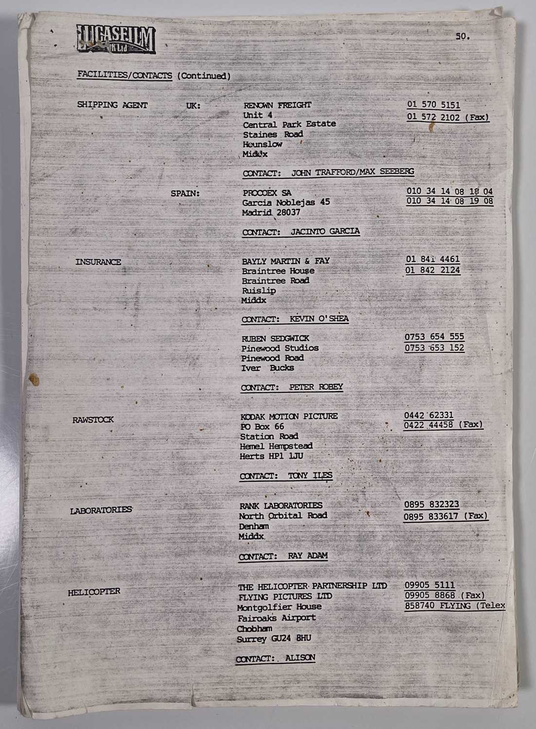 INDIANA JONES AND THE LAST CRUSADE (1989) ORIGINAL LUCASFILM UNIT LIST. - Image 5 of 5