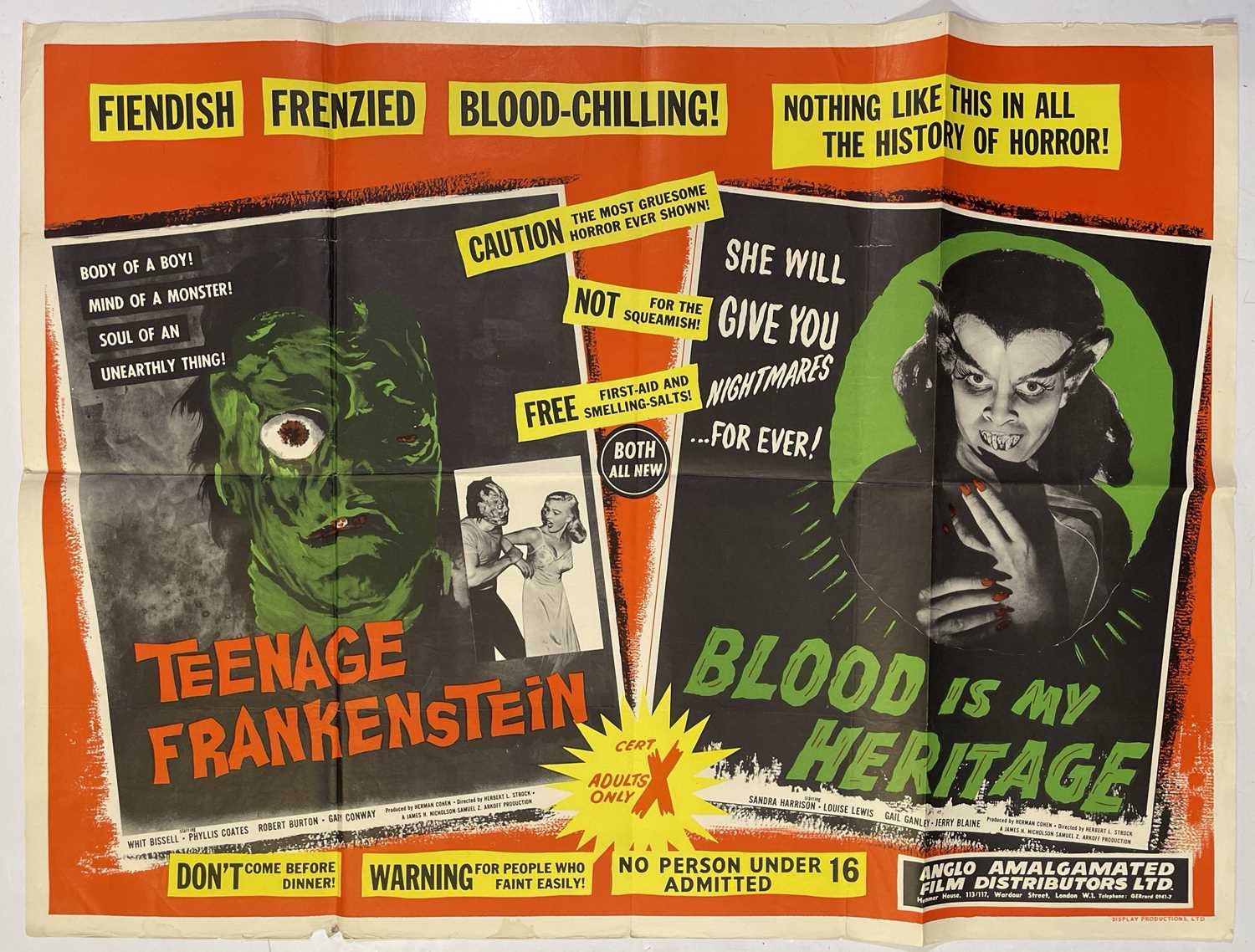 TEENAGE FRANKENSTEIN / BLOOD IS MY HERITAGE (1957) - ORIGINAL UK QUAD POSTER.