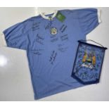 MANCHESTER CITY - MULTI-SIGNED LEGENDS FOOTBALL SHIRT AND SIGNED PENNANT.