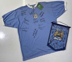 MANCHESTER CITY - MULTI-SIGNED LEGENDS FOOTBALL SHIRT AND SIGNED PENNANT.