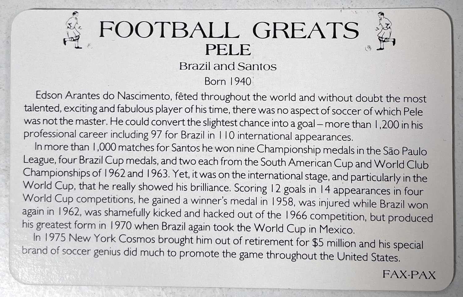 PELE SIGNED FAX-PAX CARD 1989 FOOTBALL GREATS. - Image 2 of 2