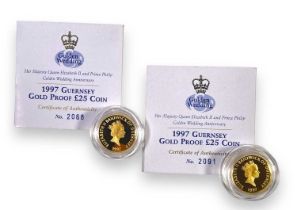COLLECTABLE COINS - TWO 1997 GUERNSEY PROOF GOLD COINS.