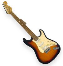 A FENDER SQUIER STRATOCASTER ELECTRIC GUITAR.