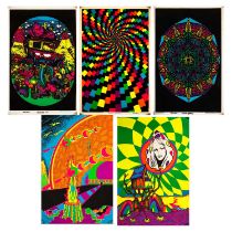 BLACKLIGHT POSTERS - FIVE ORIGINAL 1970S DESIGNS INC VELVA PRINTS.