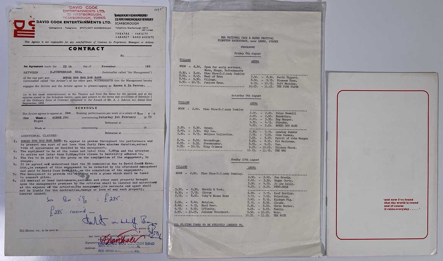 BONZO DOG BAND MEMORABILIA- PROGRAMMES & CONTRACT