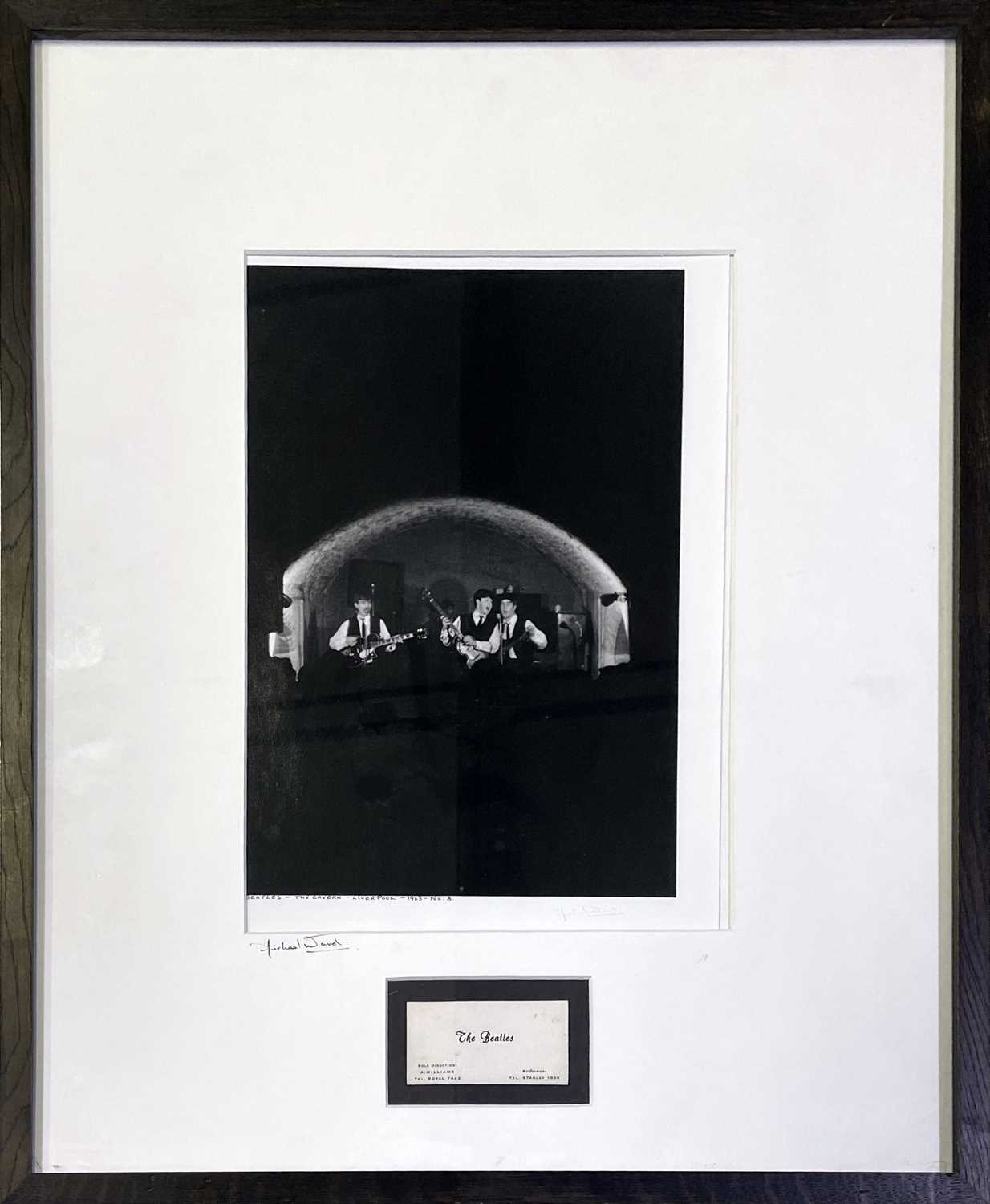 THE BEATLES - FRAMED DISPLAY WITH ORIGINAL ALAN WILLIAMS BUSINESS CARD / MICHAEL WARD CAVERN PHOTO.