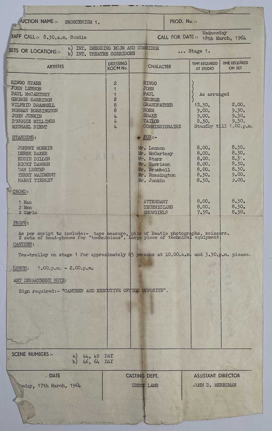 THE BEATLES - ORIGINAL CALL SHEET FOR A HARD DAY'S NIGHT.