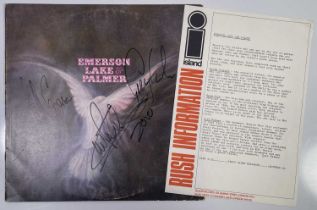 EMERSON, LAKE AND PALMER - FULLY SIGNED SELF TITLED LP WITH PROMO SHEET.