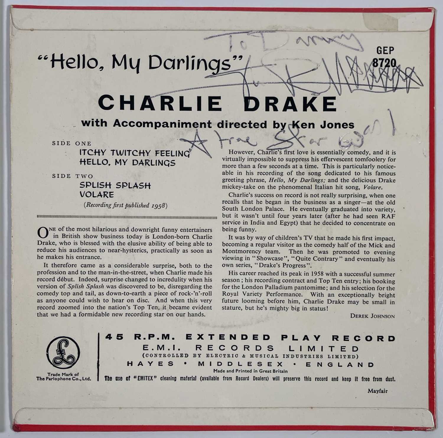 THE SEX PISTOLS - CHARLIE DRAKE SINGLE SIGNED BY JOHNNY ROTTEN.