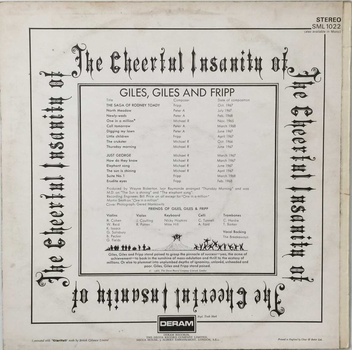 GILES, GILES AND FRIPP - THE CHEERFUL INSANITY OF LP (UK STEREO - DERAM - SML 1022) - Image 3 of 5