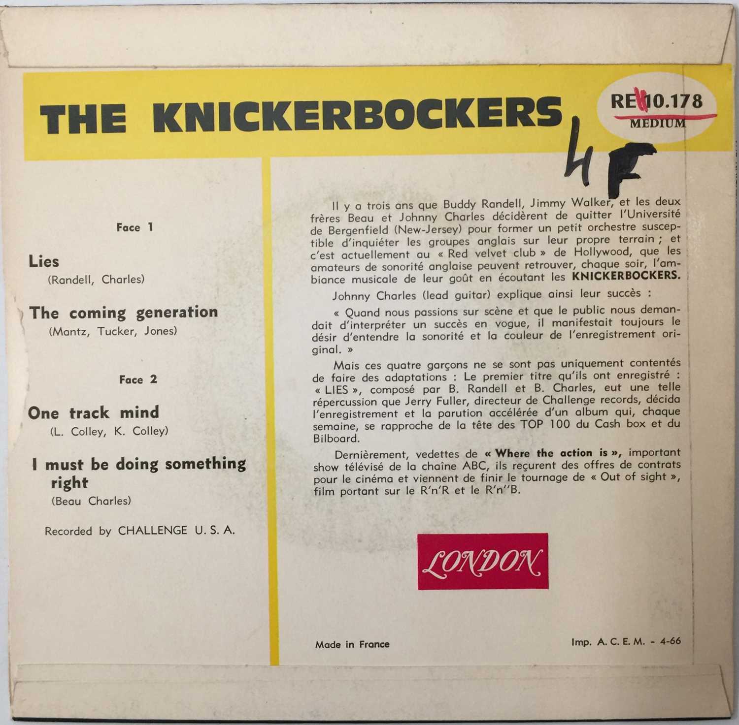 THE KNICKERBOCKERS - LIES/ONE TRACK MIND EP (ORIGINAL FRENCH RELEASE - LONDON REH 10.178) - Image 3 of 5