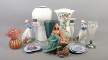 A collection of glass and ceramics. Includes Waterford porcelain vase, silver collared glass