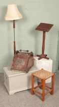 A small quantity of furniture. Includes small mahogany lectern, standard lamp, blanket box, etc.